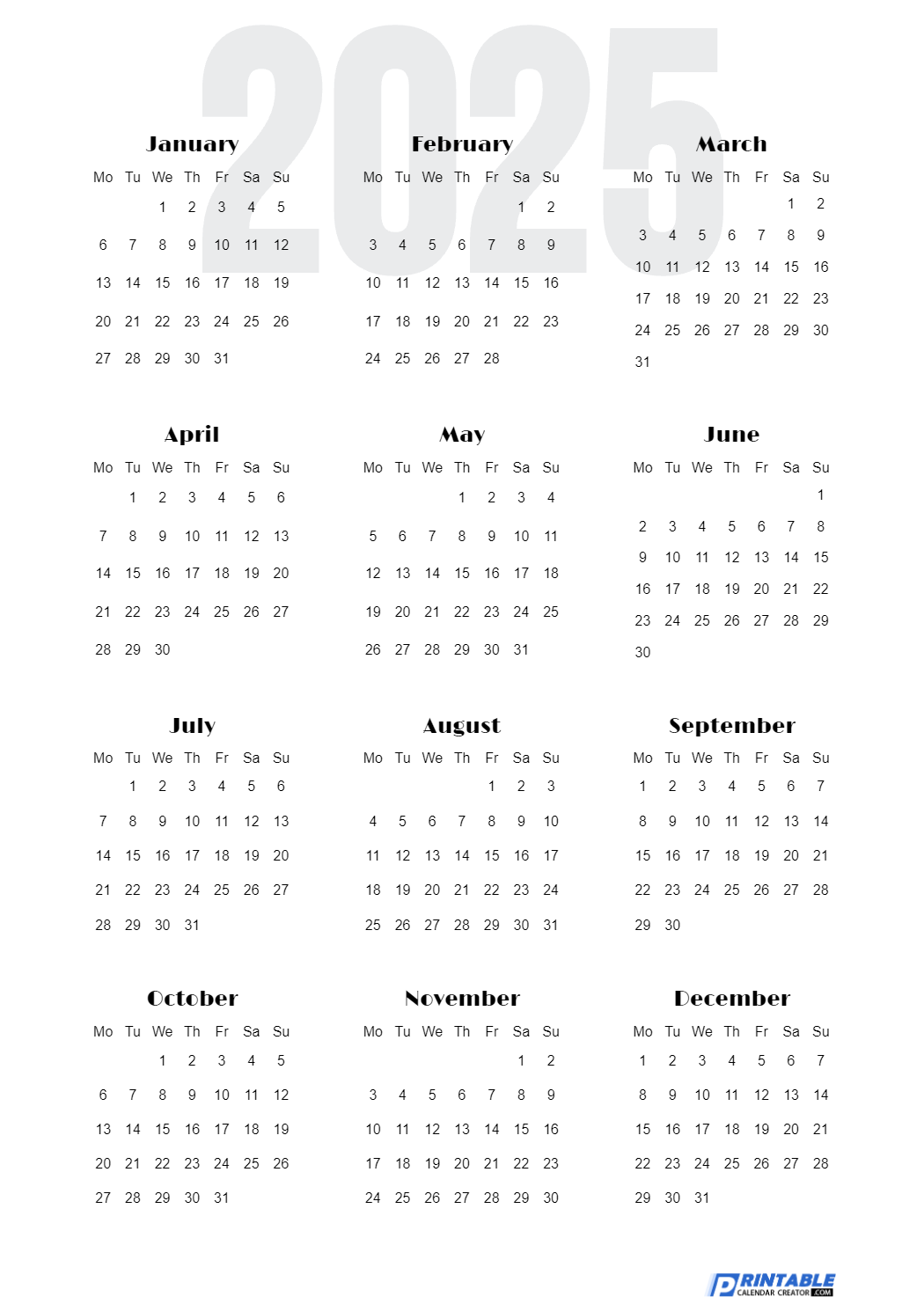 Yearly 2033 Calendar