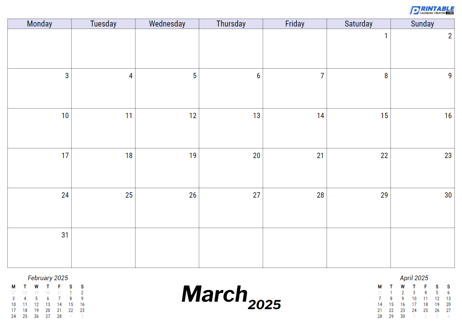 March 2035 Calendar Printable