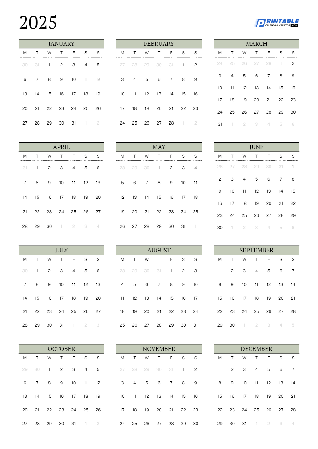 2016 Yearly Calendar Template