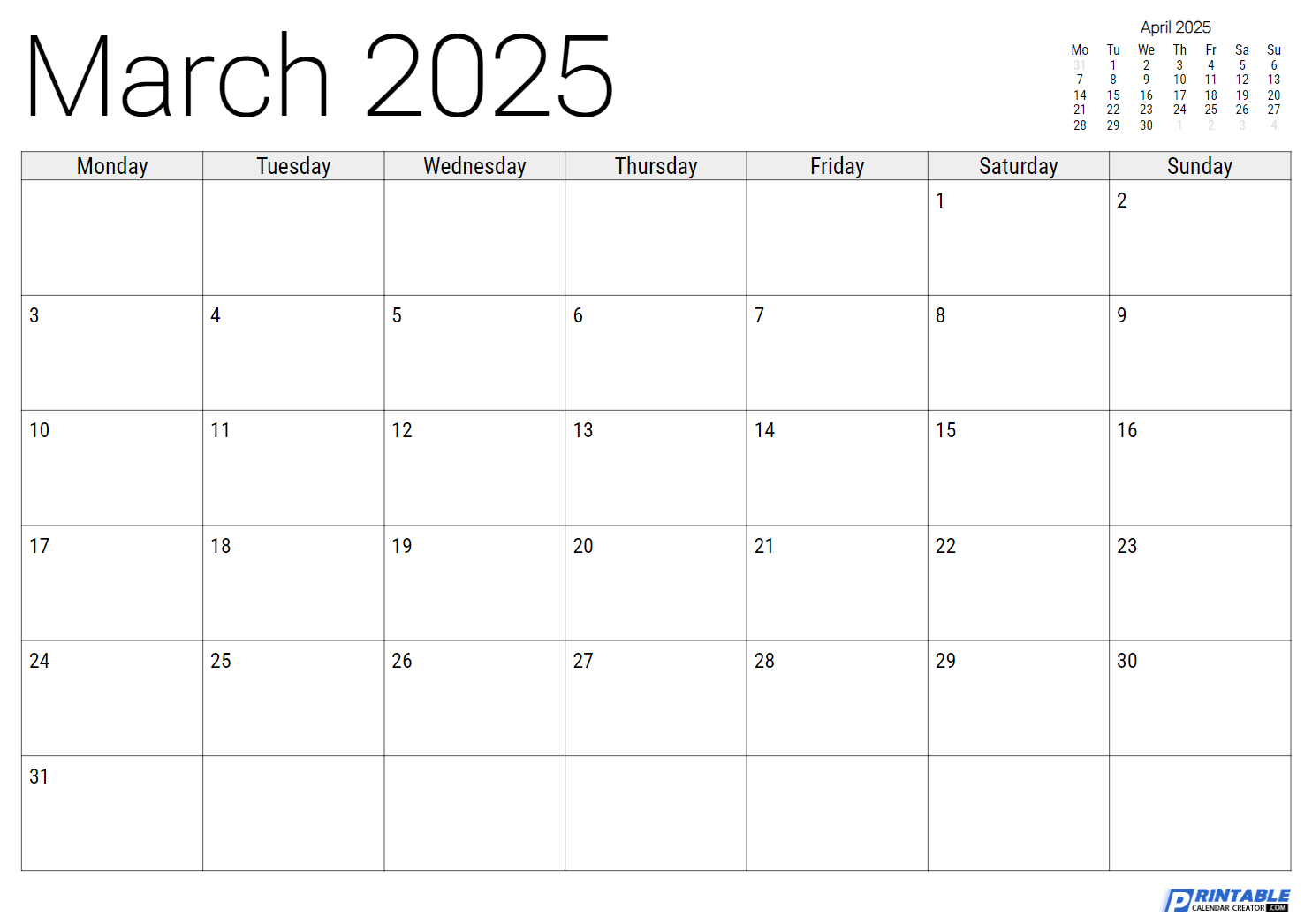 April 2025 Printable Calendar with Notes