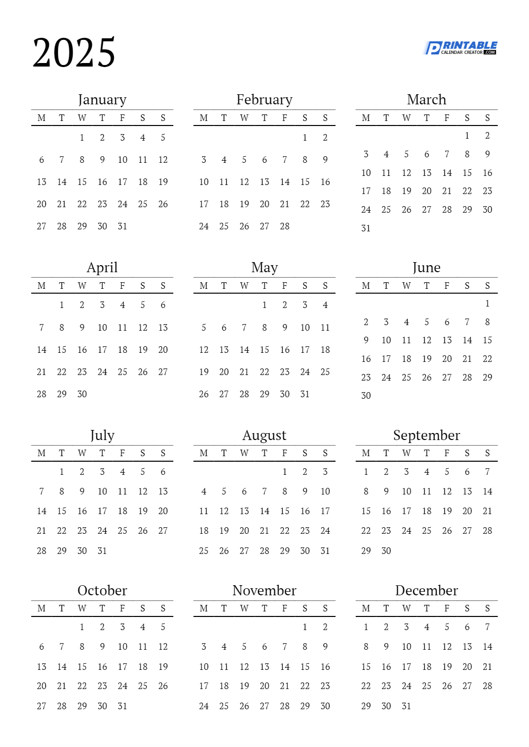 2025 Blank Printable Calendar