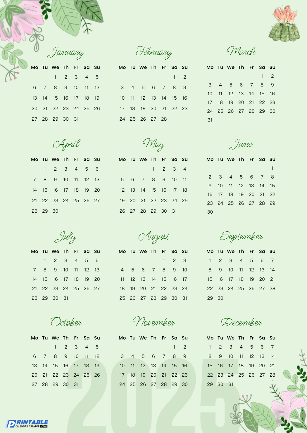 2025 Perpetual Calendar Printable